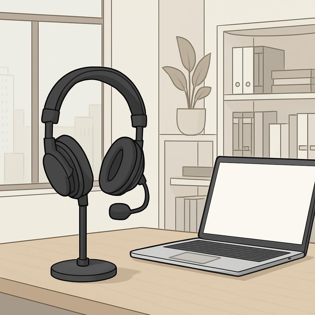 A cartoon rendering of a laptop and headset sitting on a table in a neutral colored room.