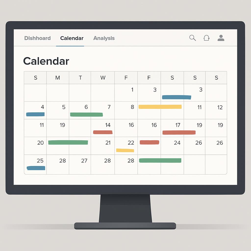 An online calendar displayed on a blank computer screen, titled 'Calendar'.