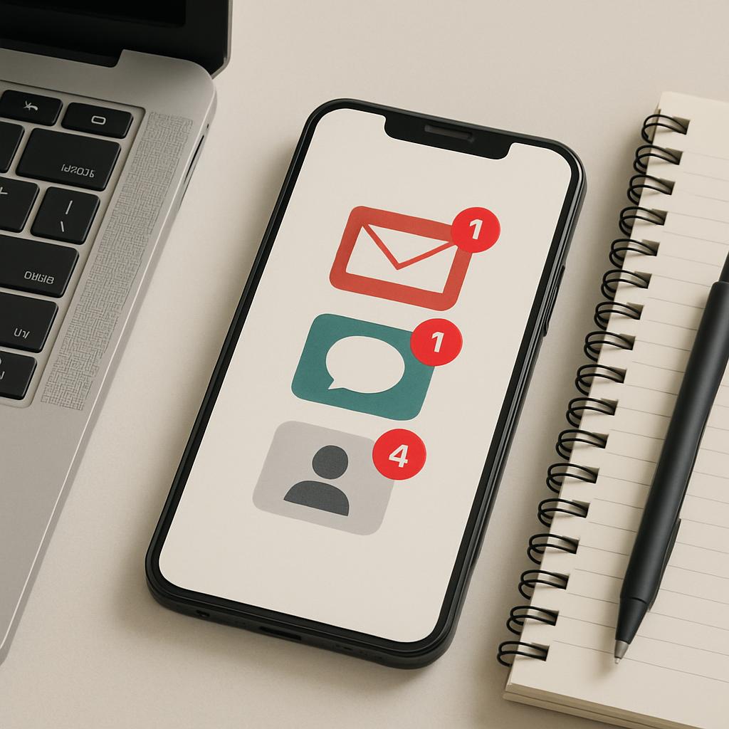 A smartphone displays four notification icons, with the top two being emails and the bottom two representing a text messag...
