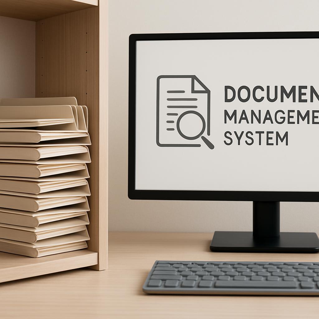 Computer monitor on desk with white screen displaying 'DOCUMENT MANAGEMENT SYSTEM' logo and keyboard, accompanied by a she...