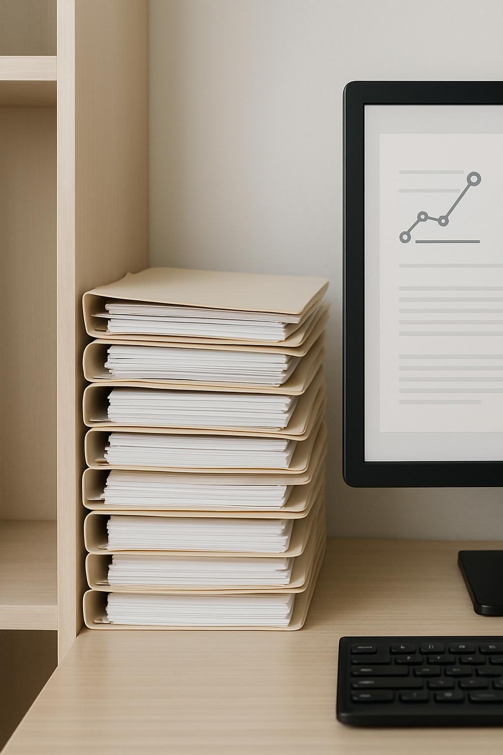 A stack of papers in beige file folders, neatly organized on a desk next to a monitor.