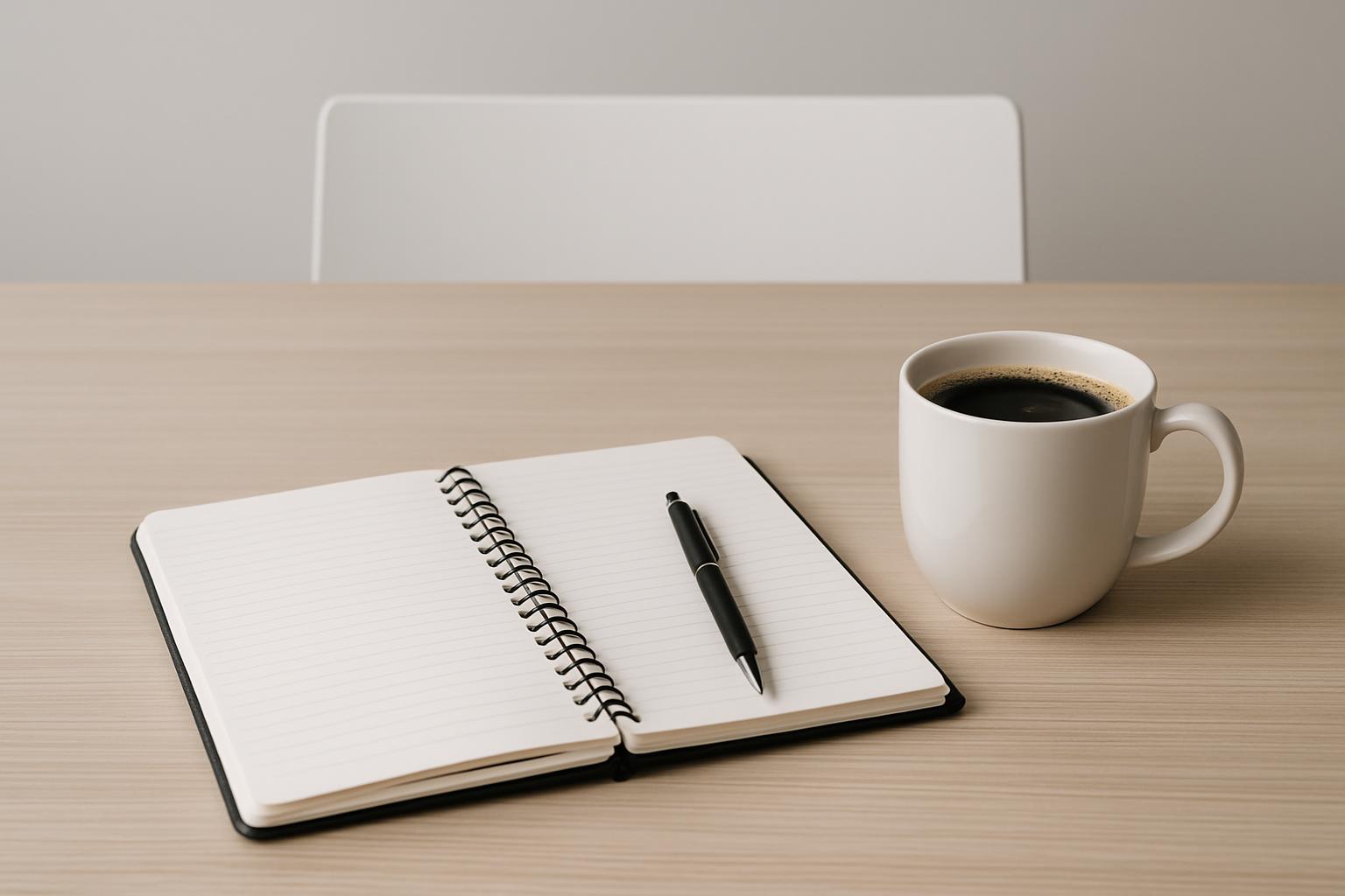 A light, wood-topped table, with a notebook, pen, and coffee cup.